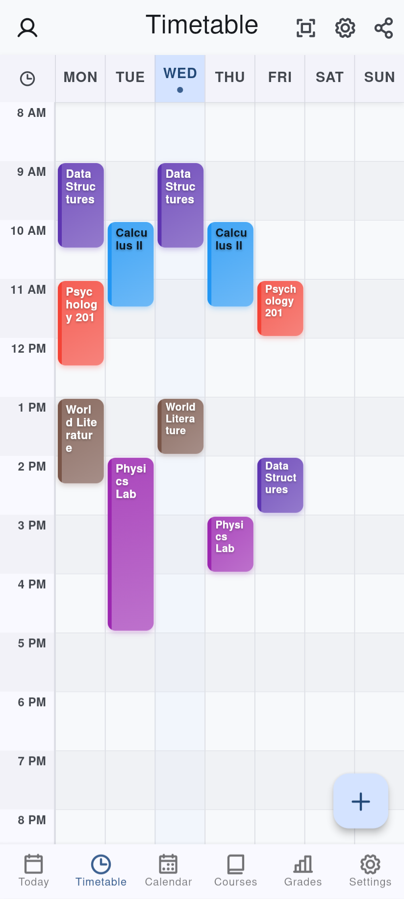 Weekly timetable with list and grid views