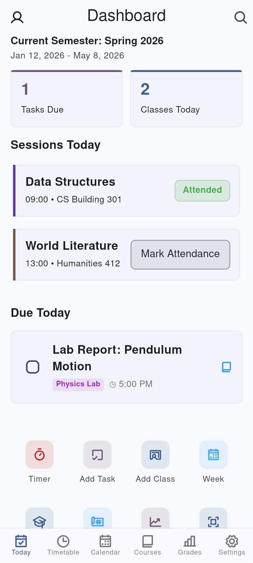Student Trove dashboard showing today's classes, tasks, and semester progress