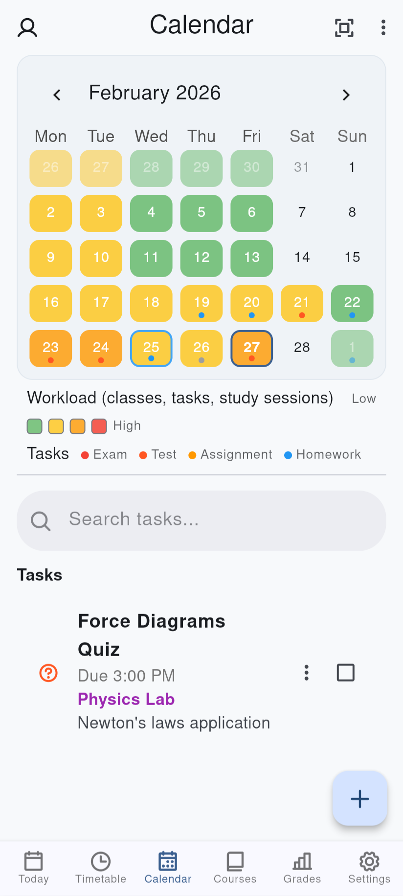 Calendar view with task heatmap and colour-coded assignments