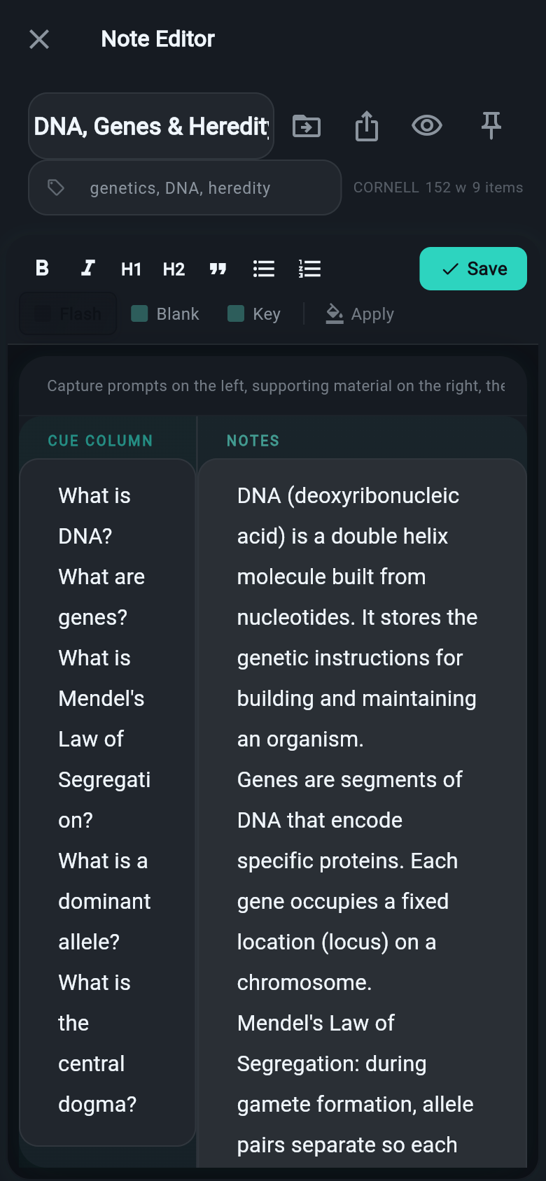 Study Lab note editor showing the Cornell template with a cue column beside the notes pane