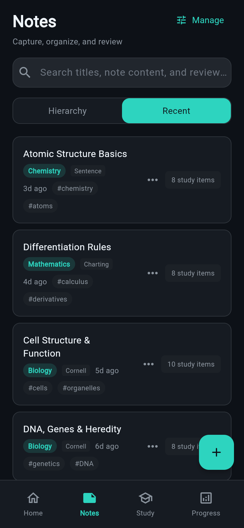 Study Lab notes list, each note tagged with its template and the number of study items generated from it