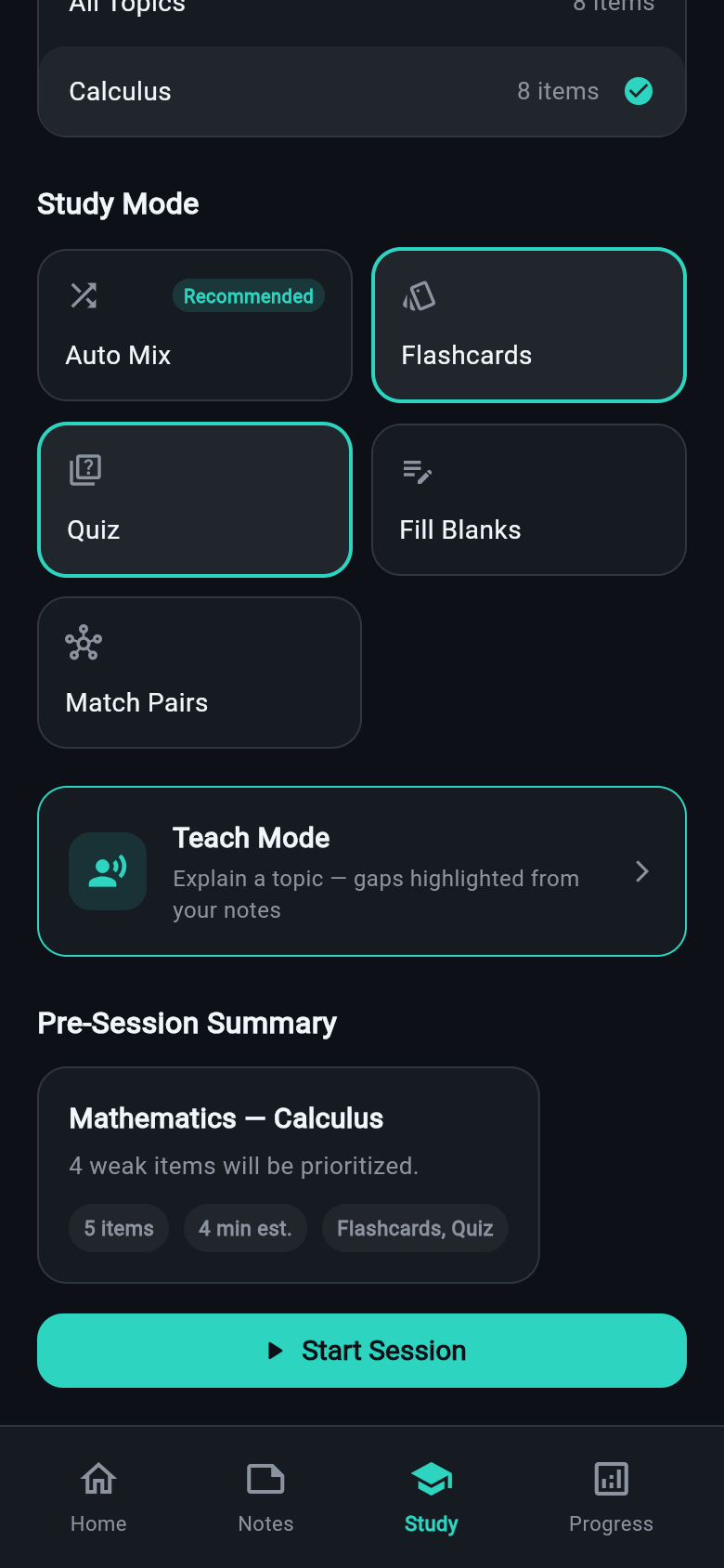 Study Lab study mode picker with Auto Mix, Flashcards, Quiz, Fill Blanks and Match Pairs, above a summary showing weak items will be prioritised